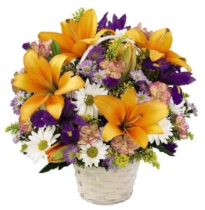 This cheerful basket arrangement includes lilies, iris, and white daisies along with mini carnations and yellow accent flowers presented in a white handled basket. A great gift for any occasion.