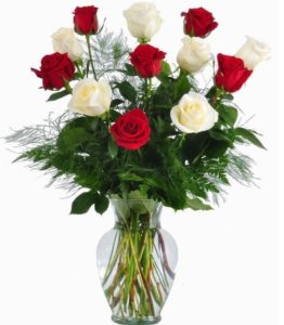 beautiful arrangement of 6 red and 6 white roses